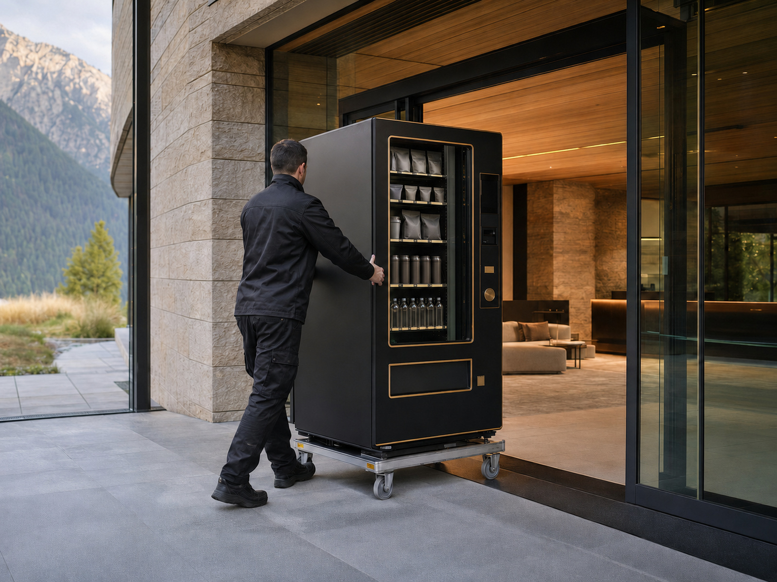 Technicien livrant un distributeur automatique en Suisse romande