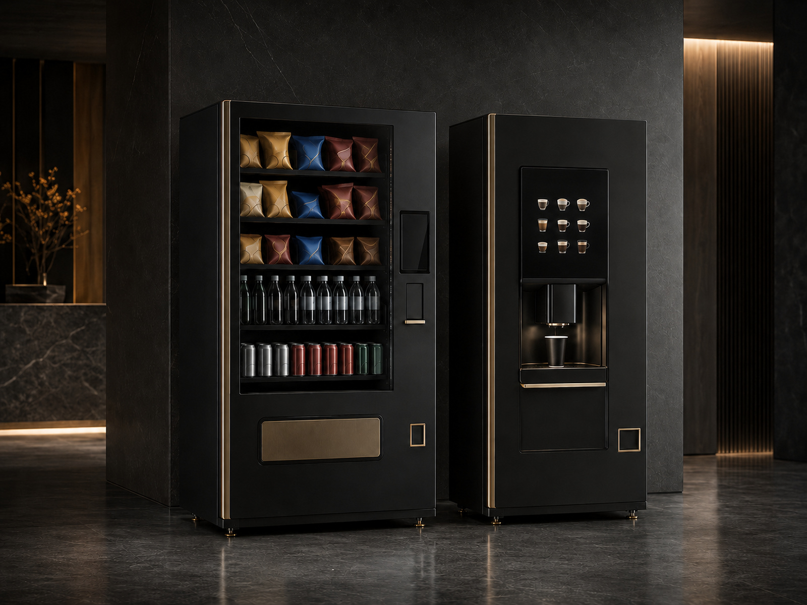 Deux distributeurs automatiques KING VENDING noir et or